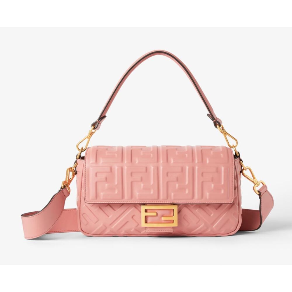 Fendi Medium Baguette FF Embossed Leather Pink Shoulder Crossbody Bag